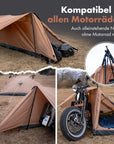 MALITENT Motorrad Zelt aufgebaut ohne Stangen am Motorrad, mit einer Stange hinten am Motorrad und alleinstehend ohne Motorrad