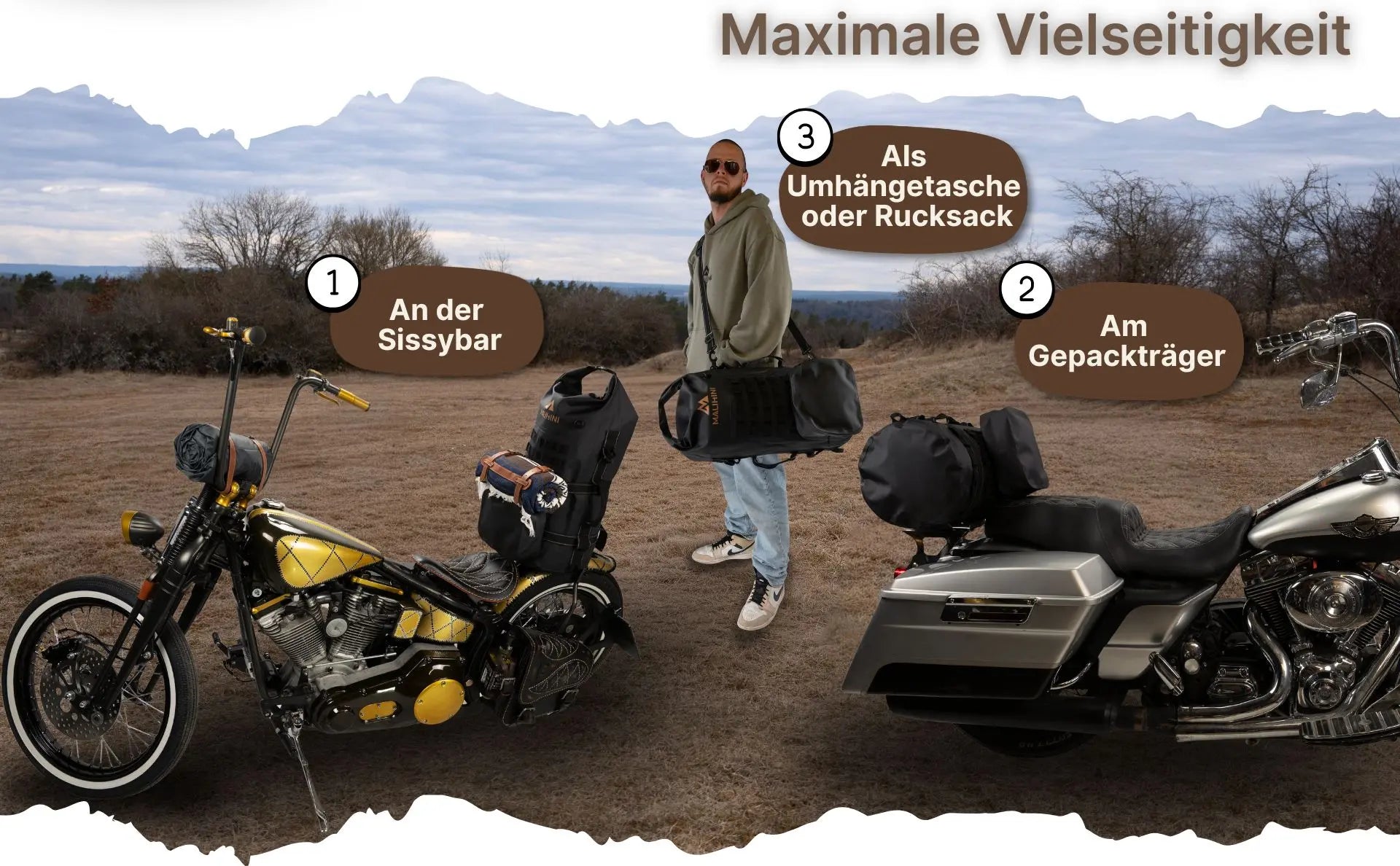 MALIBAG Sissybar Tasche am Motorrad und als Umhängetasche